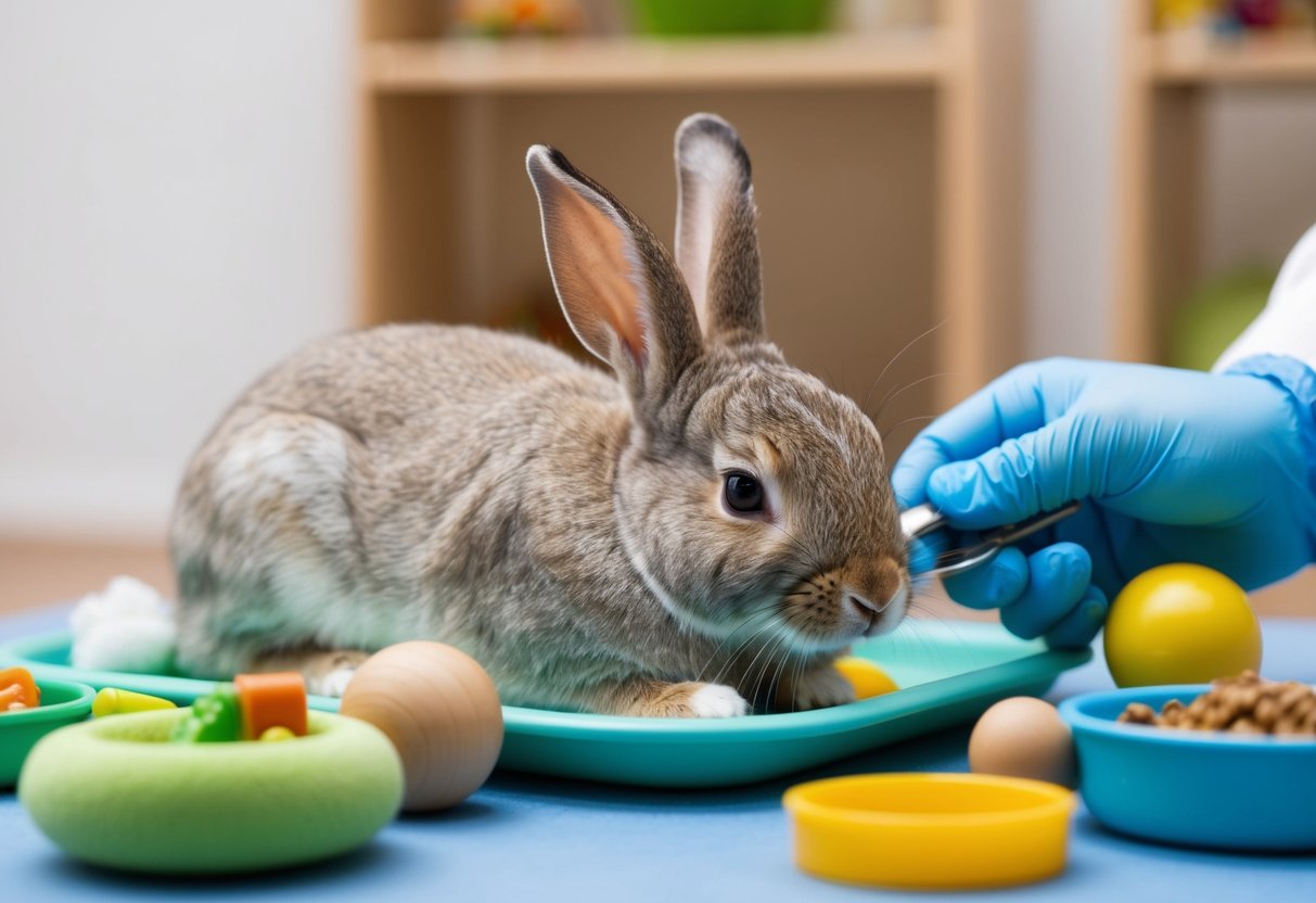 A rabbit peacefully resting in a comfortable and safe environment, surrounded by toys and food, with a veterinarian performing a gentle neutering procedure