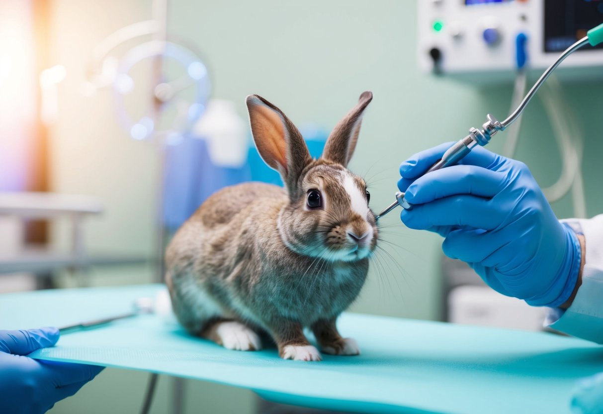 A male rabbit getting neutered by a veterinarian in a sterile clinic, with surgical tools and equipment in the background