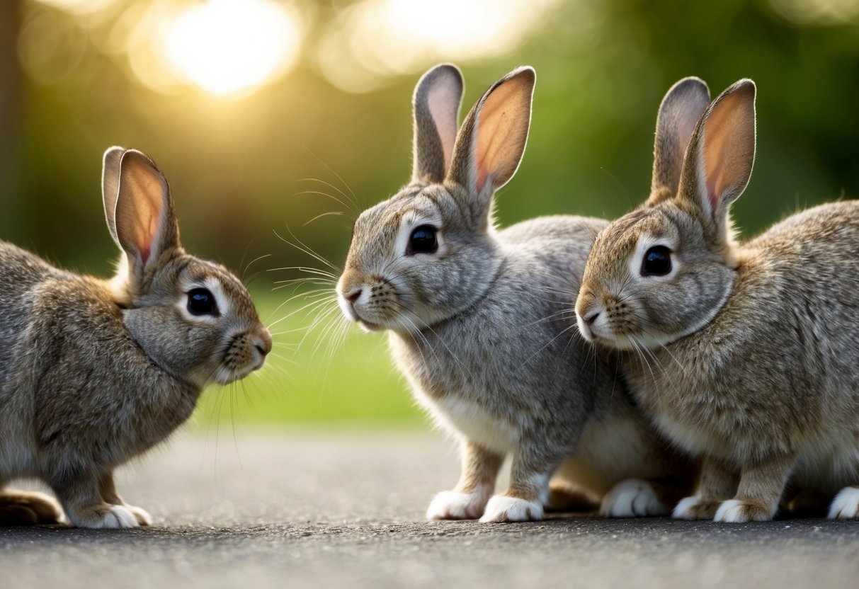 A neutered rabbit peacefully interacts with other rabbits in a calm and non-aggressive manner