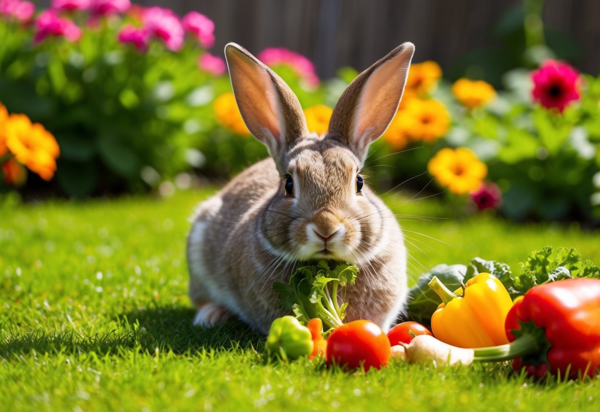 A happy, healthy rabbit lounging in a sunny garden, surrounded by colorful flowers and munching on fresh vegetables