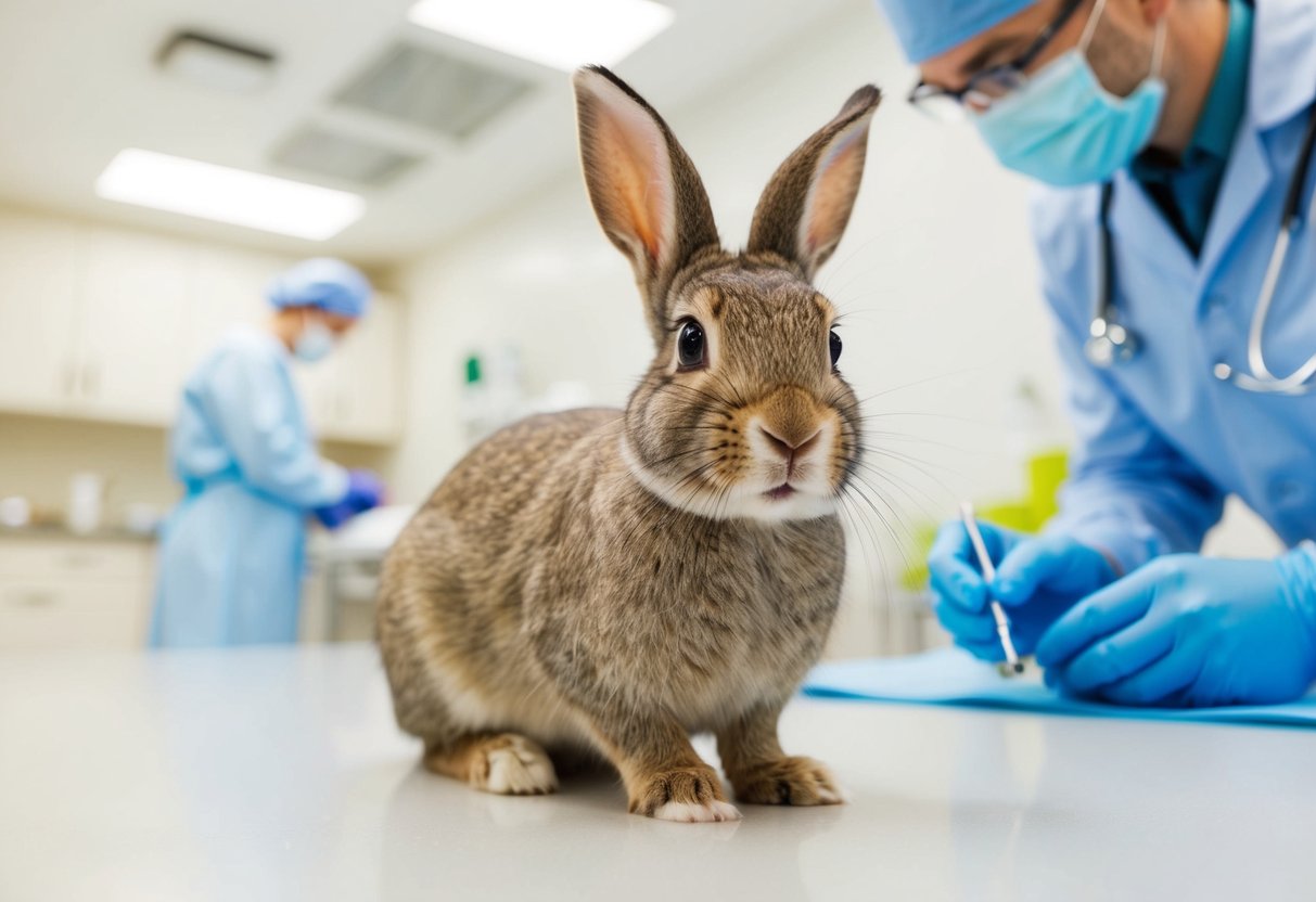 A happy, healthy rabbit playing in a spacious, clean environment with a veterinarian performing a neuter surgery in the background