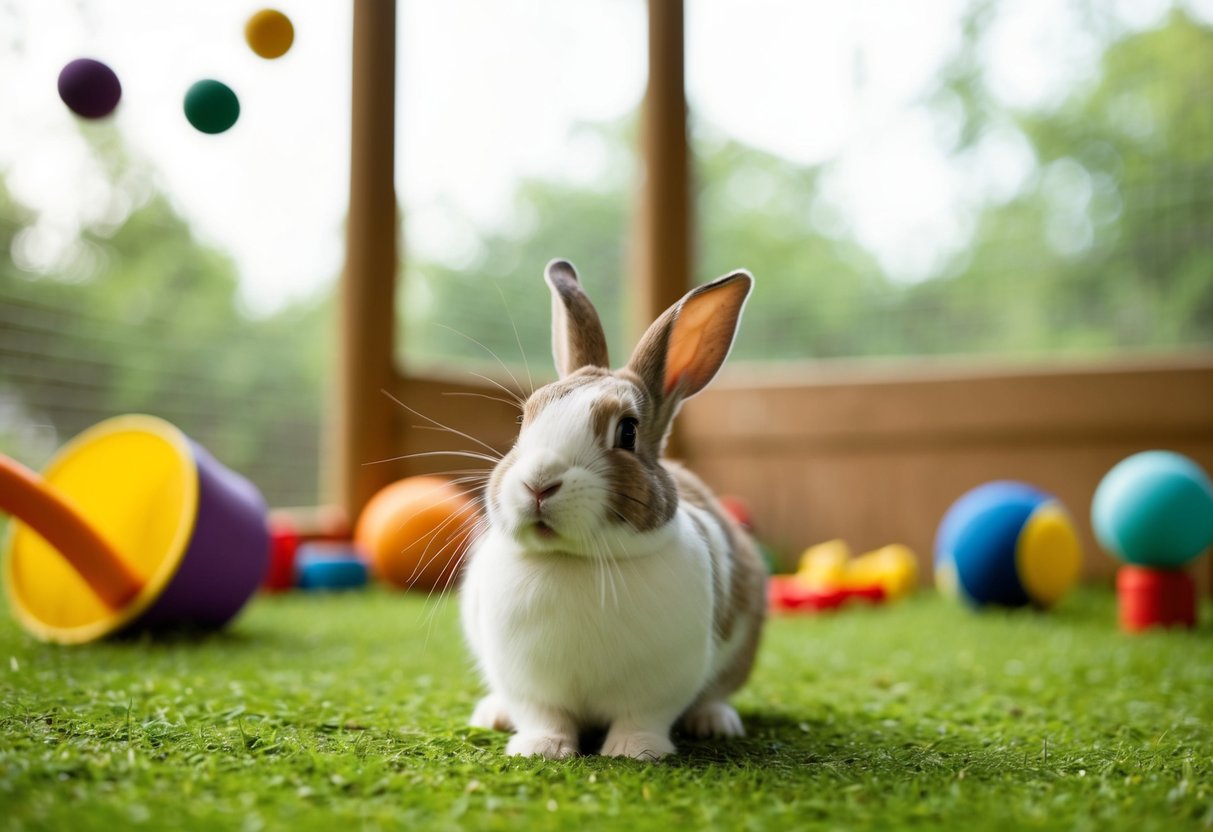 A happy, healthy rabbit enjoying a spacious outdoor enclosure with plenty of toys and enrichment activities