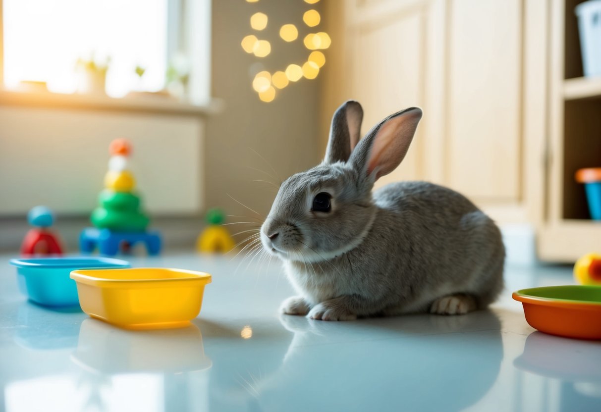 A rabbit peacefully lounging in a clean, unmarked territory, surrounded by toys and food dishes