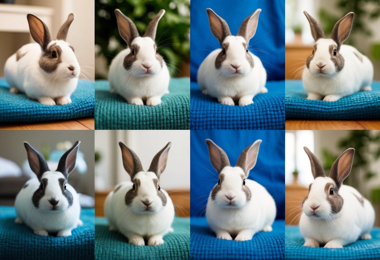 Rabbits in various household settings appear relaxed and content after being neutered, showcasing the benefits of reducing stress