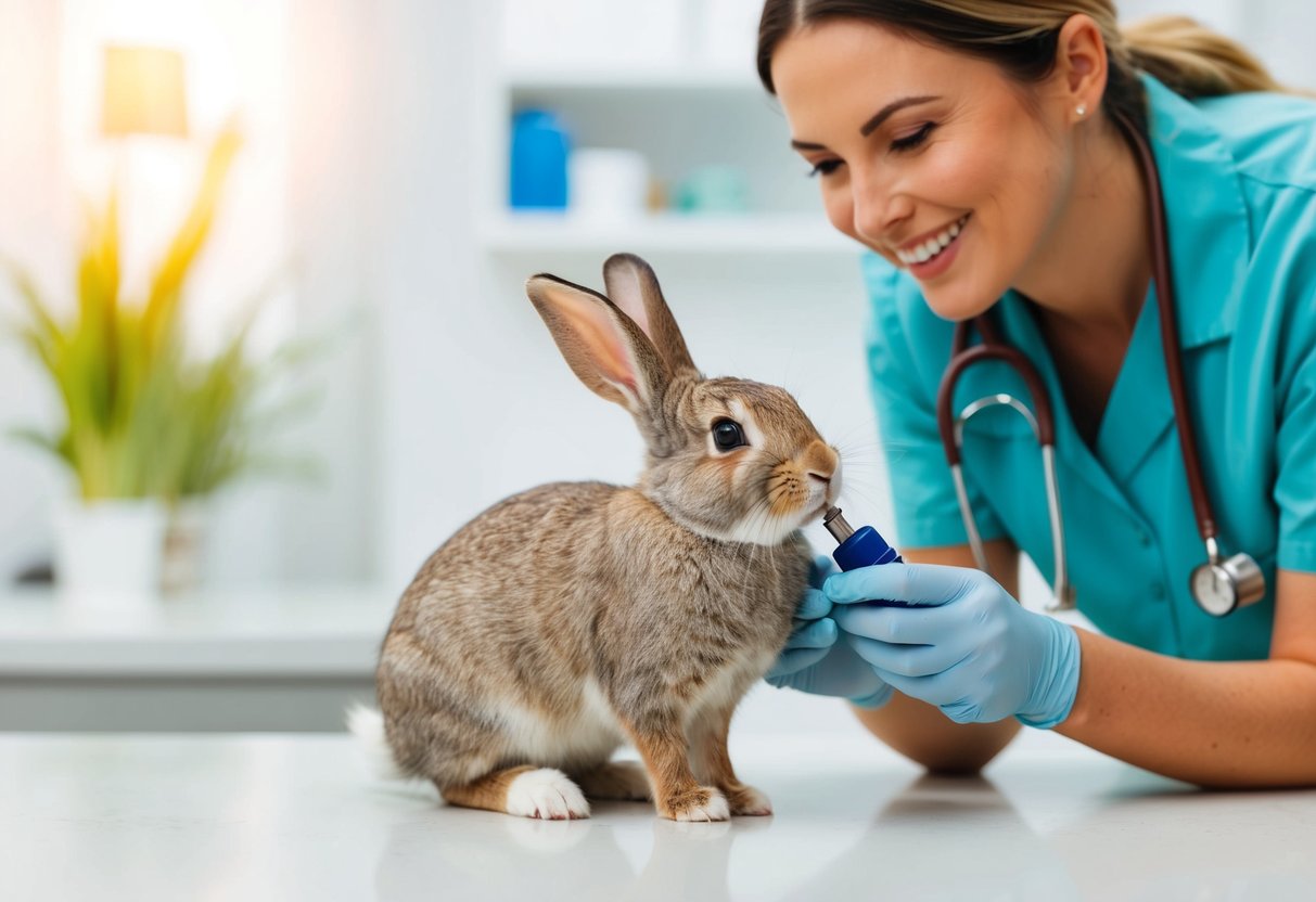 A happy, healthy rabbit playing in a spacious, clean environment with a friendly veterinarian holding a neutering tool