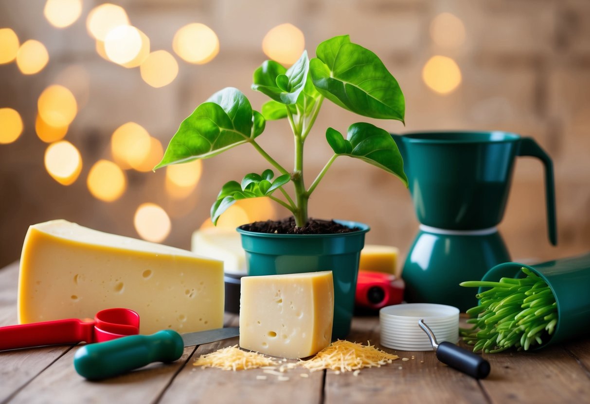 A swiss cheese plant surrounded by care tools and propagation materials