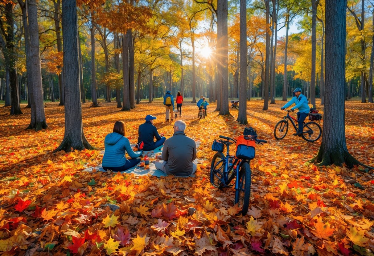 A colorful array of autumn leaves blanket the forest floor, while families hike, bike, and picnic beneath the warm Florida sun