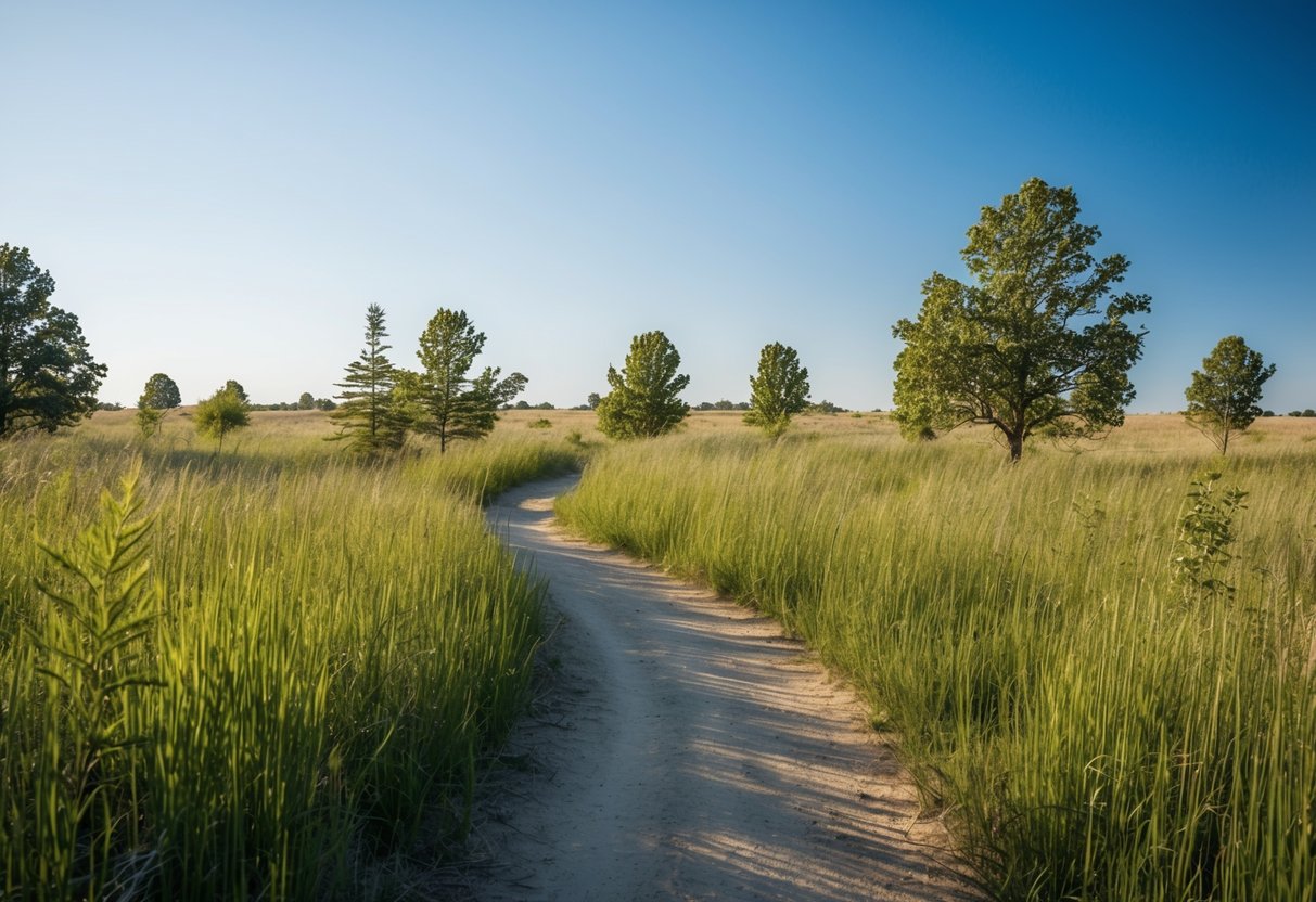 A winding trail through tall grasses and scattered trees in the Paynes Prairie Preserve, with a clear blue sky overhead and the sun casting long shadows