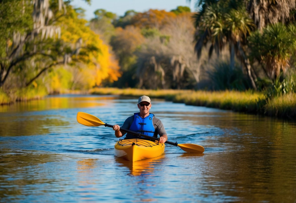 A kayaker paddles along the tranquil Crystal River, surrounded by lush greenery and the warm colors of autumn in Florida