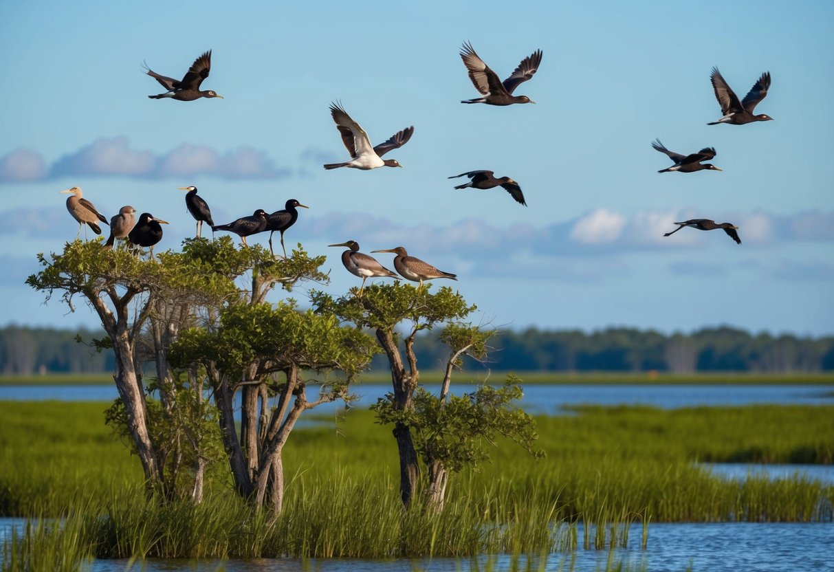 A variety of birds perched on trees and flying over the marshes at Merritt Island, with a clear blue sky and lush green vegetation