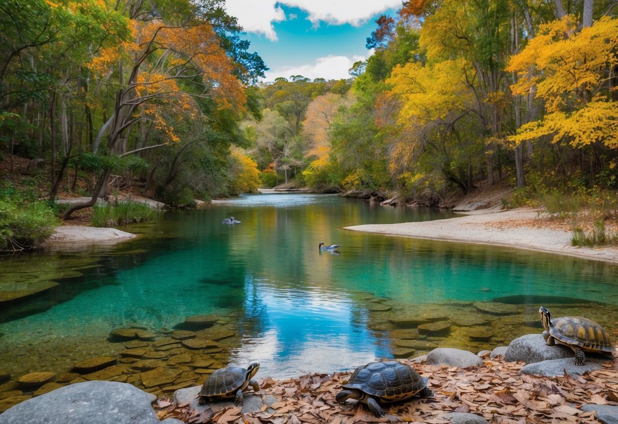 A serene scene at Wakulla Springs in fall, with lush foliage, a crystal-clear spring, and wildlife such as birds and turtles