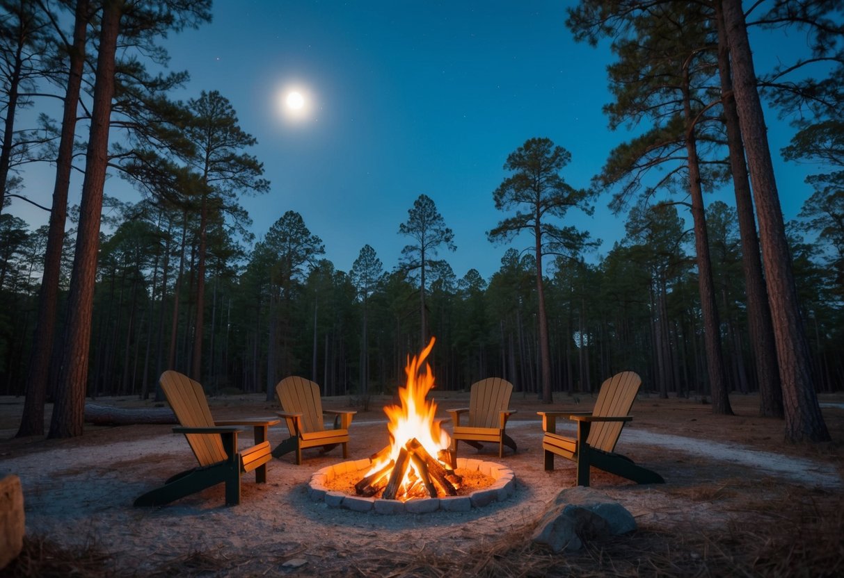 A campfire surrounded by tall pine trees in Ocala National Forest, with a clear night sky and a full moon shining down