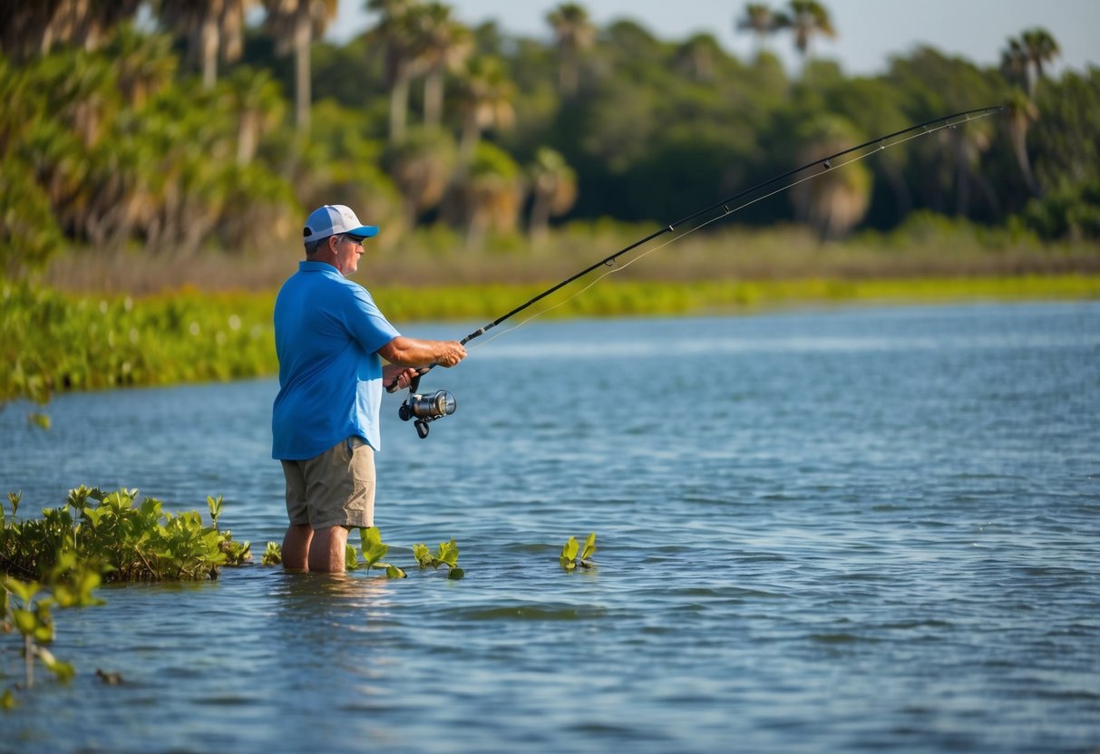 A person fishing at Sebastian Inlet in Florida, surrounded by lush greenery and the tranquil waters of the inlet