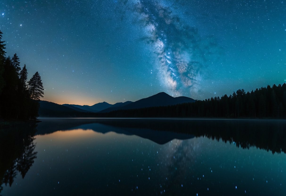 A serene lake reflects the starry night sky, with silhouettes of trees and distant mountains