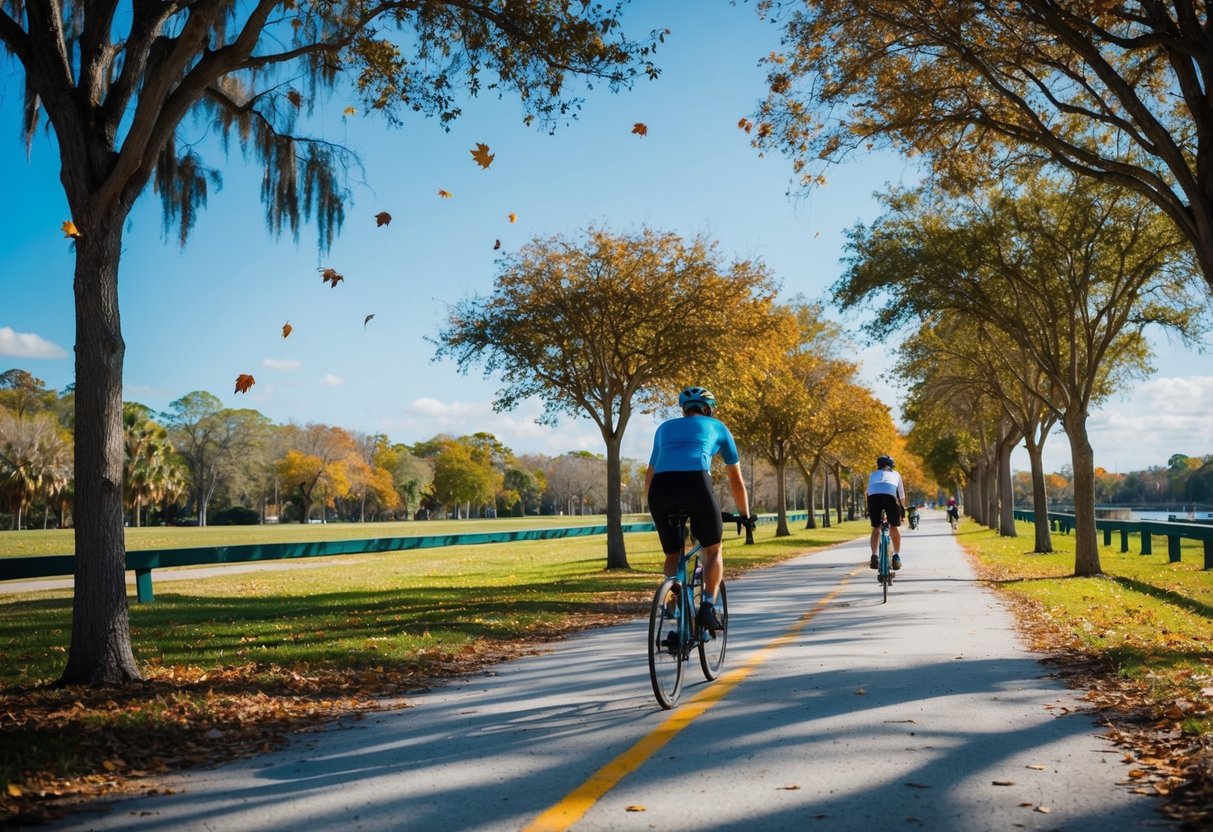 A cyclist riding through a colorful tree-lined path on the Pinellas Trail, with leaves falling and a clear blue sky above