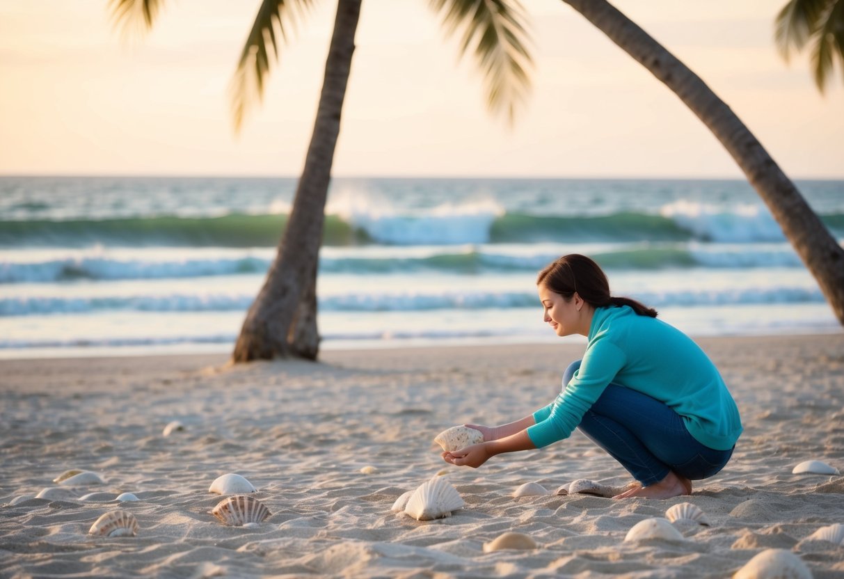 A person collecting shells on a sandy beach, with palm trees and ocean waves in the background