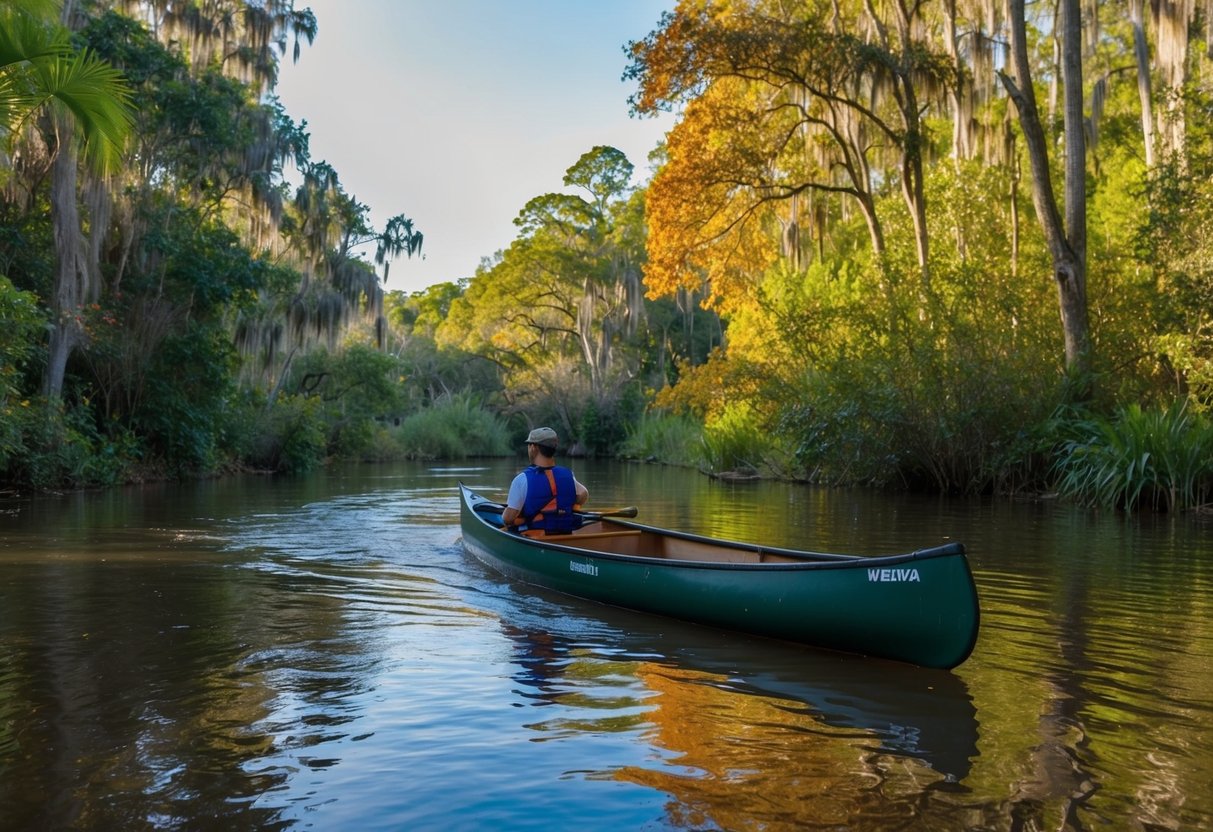 A canoe glides down the Wekiva River, surrounded by lush greenery and wildlife. The autumn leaves add a pop of color to the serene natural landscape