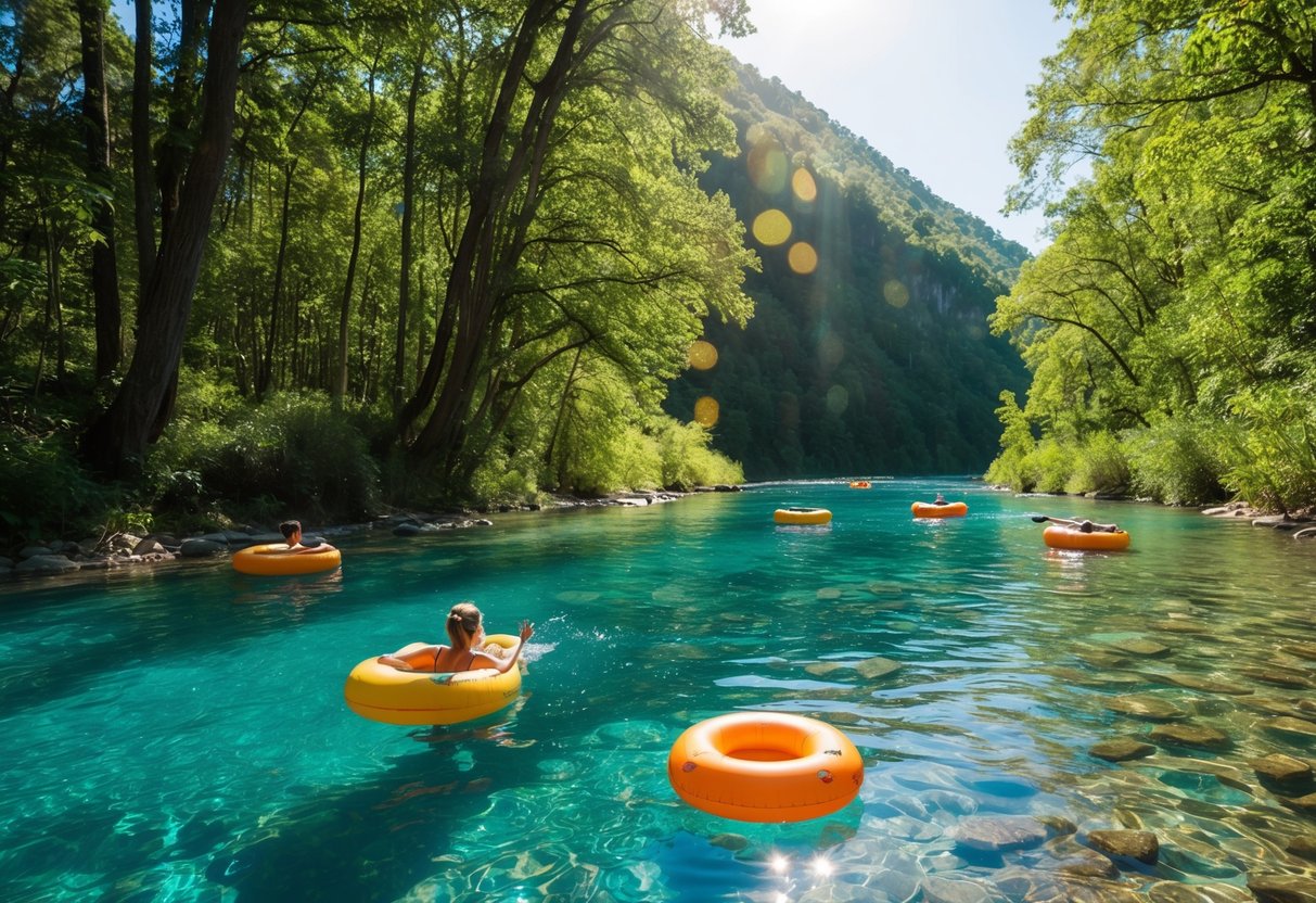 Crystal-clear river winding through lush forest, with tubes floating on the water. Sunlight filtering through the trees, creating dappled patterns on the surface