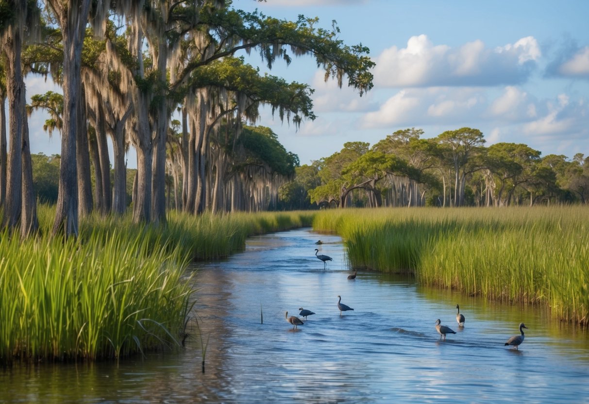 A serene river winds through tall grasses and cypress trees in the Everglades, with colorful birds and wildlife dotting the landscape