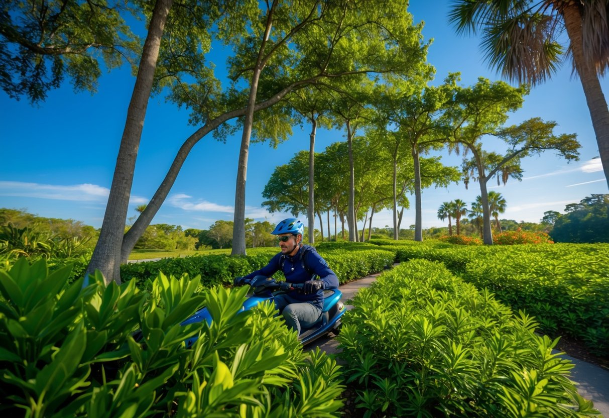 A person zipping through lush green trees at Forever Florida, surrounded by vibrant foliage and clear blue skies