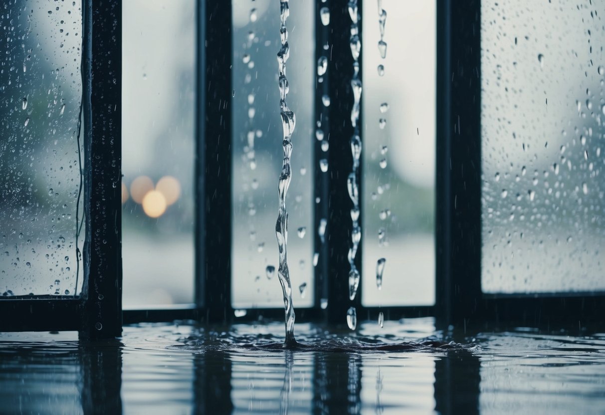 Rain pours outside as water seeps through cracked windows, pooling on the floor