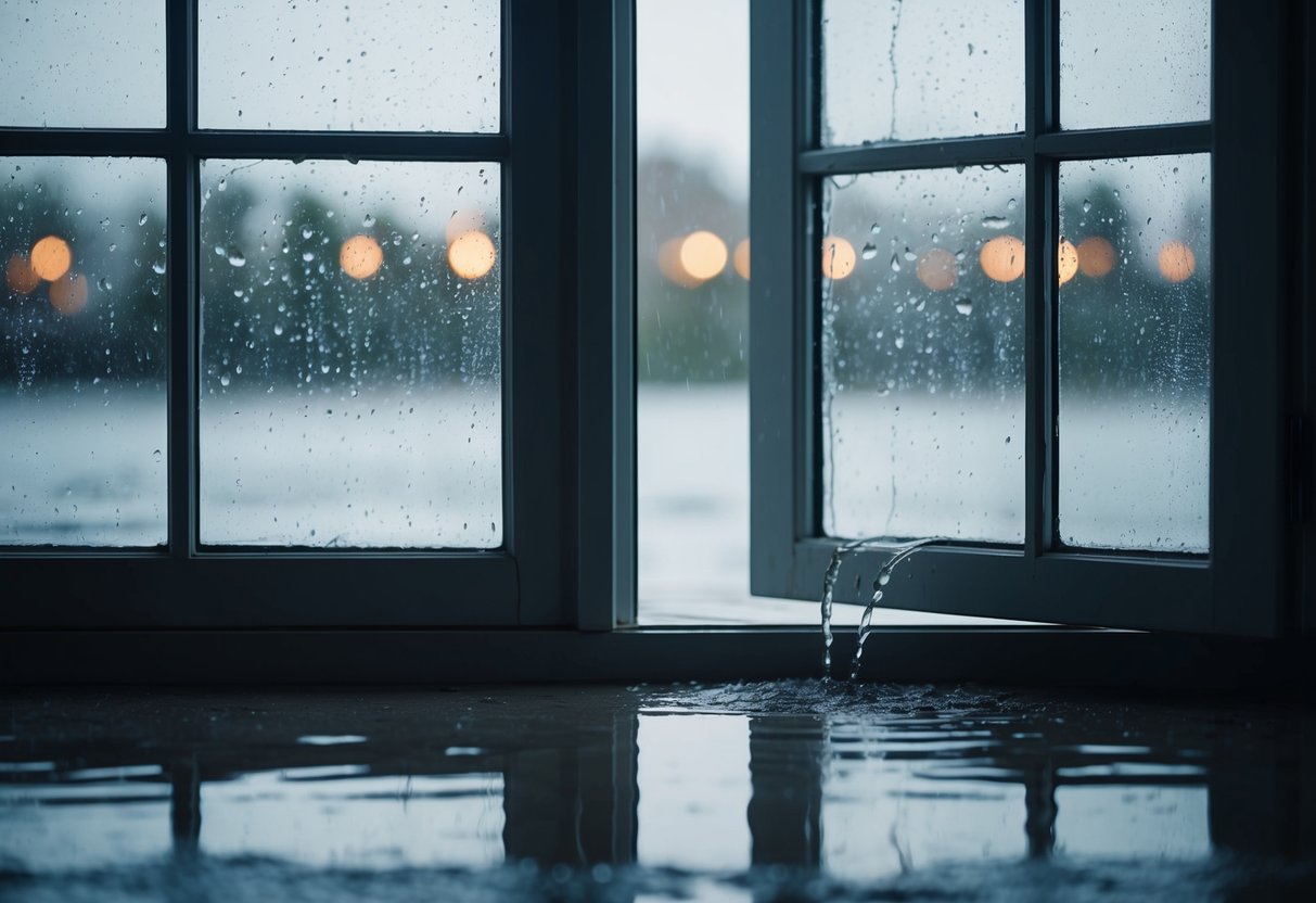 Rain pouring outside, water seeping through cracked windows, pooling on the floor