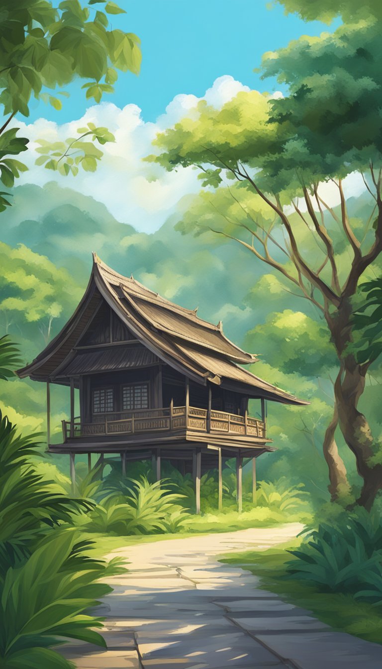 A tranquil Thai landscape with a traditional wooden house nestled among lush greenery, with a clear blue sky overhead