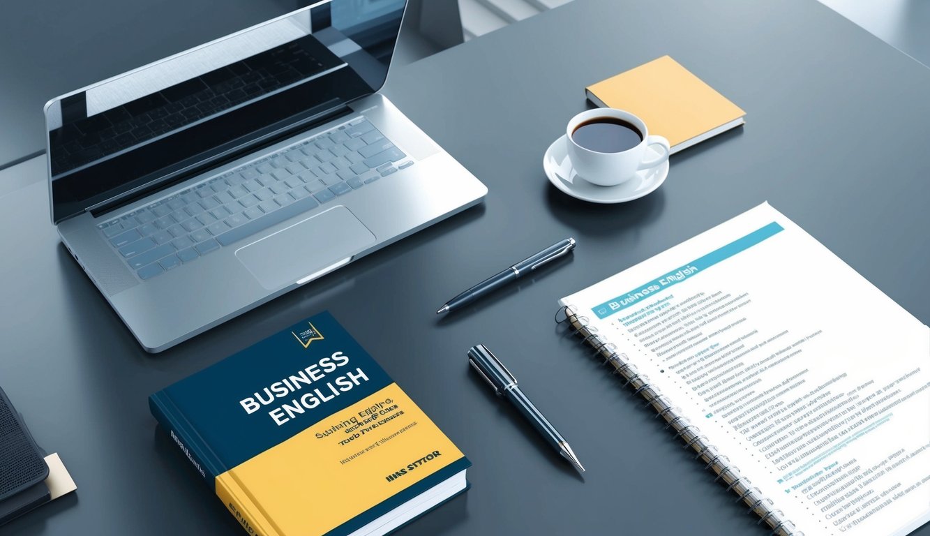 A sleek, modern office desk with a laptop, pen, and notebook. A book titled "Business English" and a list of training resources for executives