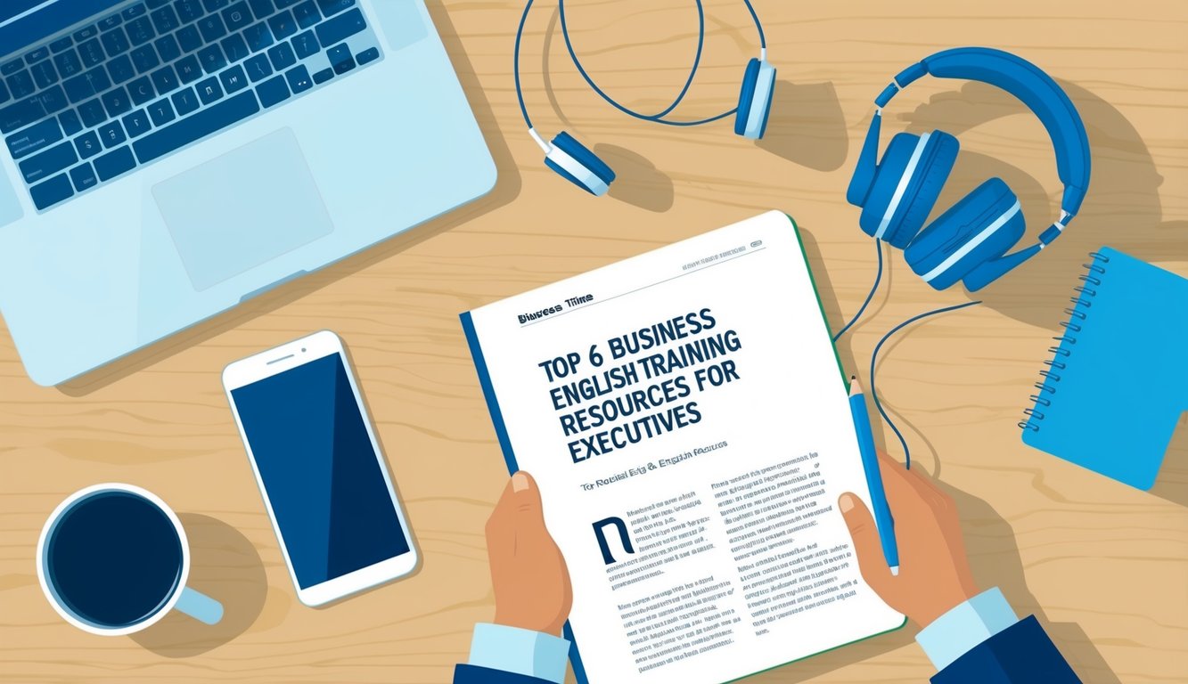 A desk with a laptop, headphones, and a notebook open to a page with the title "Top 6 Business English Training Resources for Executives" from The Financial Times' Business English Podcasts