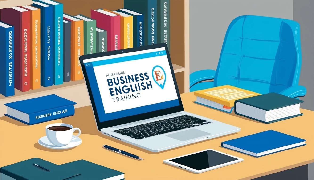 A desk with a laptop, notebook, and pen. A bookshelf filled with business English training materials. A cup of coffee and a comfortable chair