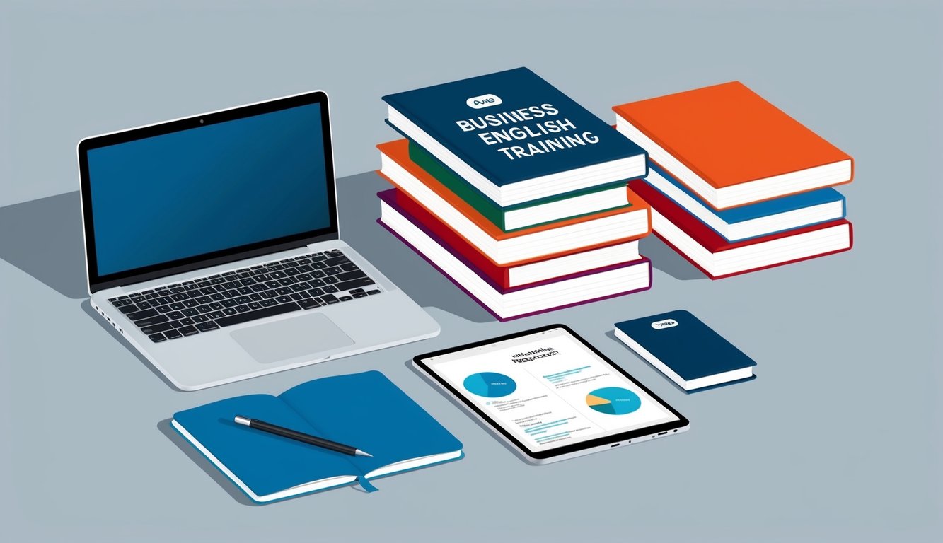 A sleek desk with a laptop, notebook, and pen. A stack of business English training books and a tablet with online resources