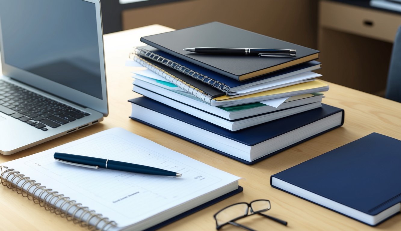 A desk with a laptop, notebook, and pen. A stack of business English course materials. A professional setting with a business-like atmosphere