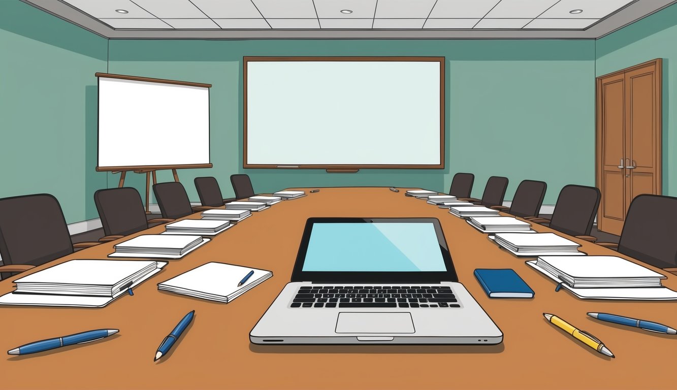 A conference room with a large table, chairs, and a whiteboard. A laptop, notepads, and pens are scattered on the table