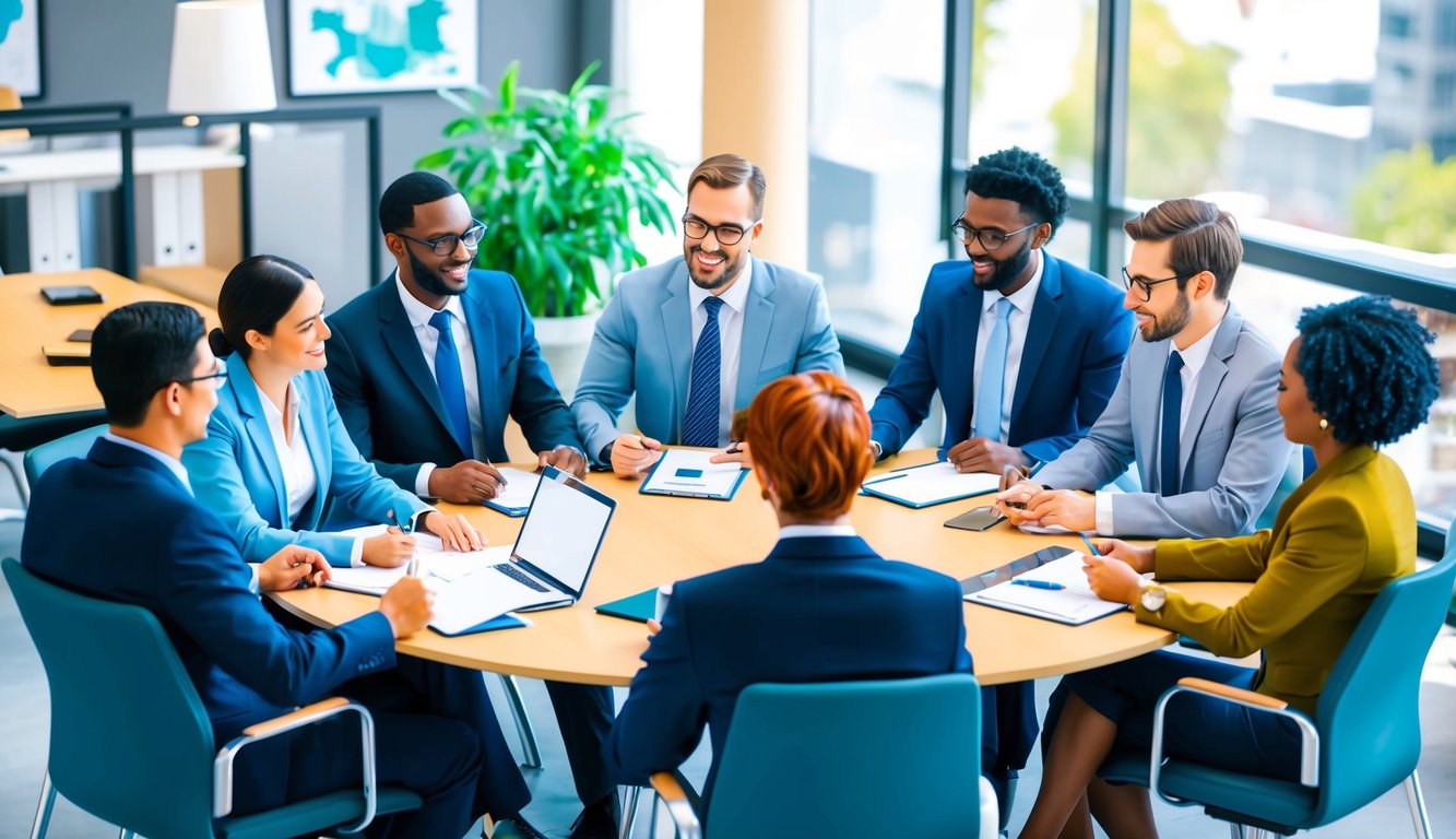 A diverse group of professionals engage in a meeting, exchanging ideas and collaborating on projects in a modern corporate setting