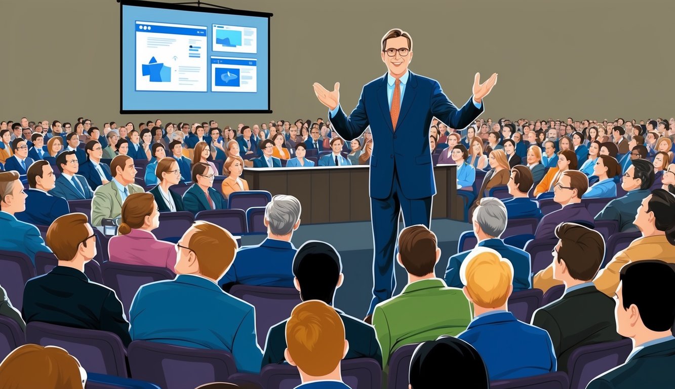 A person standing in front of a large audience, gesturing and speaking confidently. The audience is engaged and attentive, with visual aids displayed on a screen behind the speaker