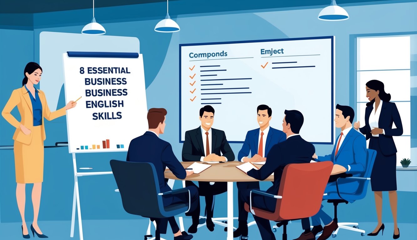 A corporate setting with a whiteboard listing "8 Essential Business English Skills" and a group of professionals engaged in a discussion