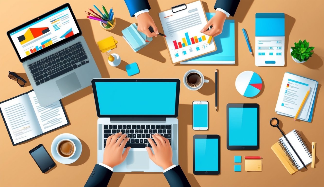 A cluttered desk with a laptop, smartphone, and tablet surrounded by office supplies and a cup of coffee