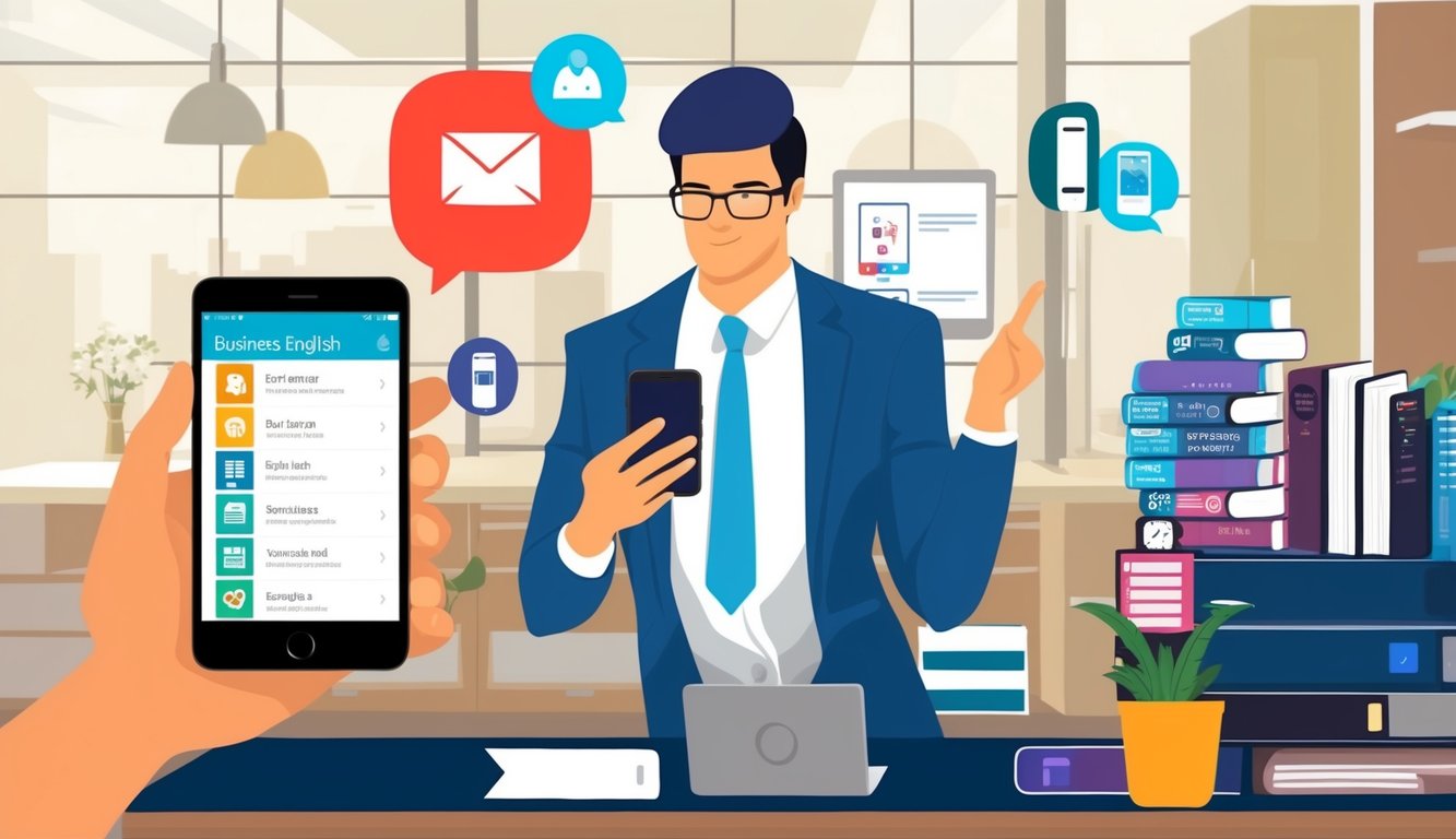 A busy professional using a smartphone to download and use business English apps