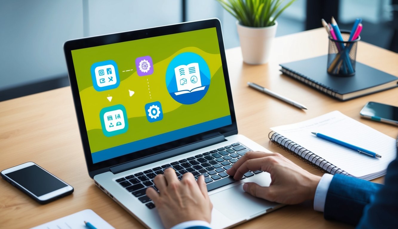 A desk with a laptop, smartphone, and notebook. Icons of language learning apps on the screen. A busy professional working in a modern office setting