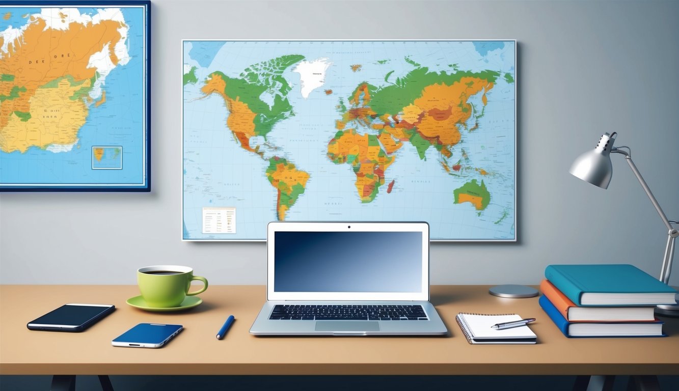 A desk with a laptop, phone, pen, and notebook. A world map on the wall. A cup of coffee and a stack of books on the side