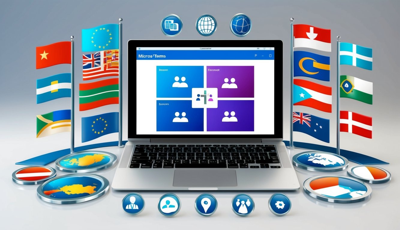 A laptop with Microsoft Teams open, surrounded by global flags and business-related icons