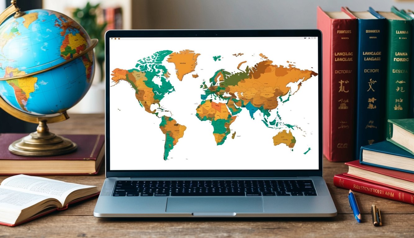 A laptop with a world map on the screen, surrounded by a globe, dictionary, language books, and a pen