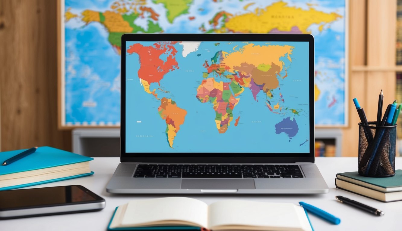 A desk with a laptop, smartphone, pen, and notebook. A world map and language books in the background