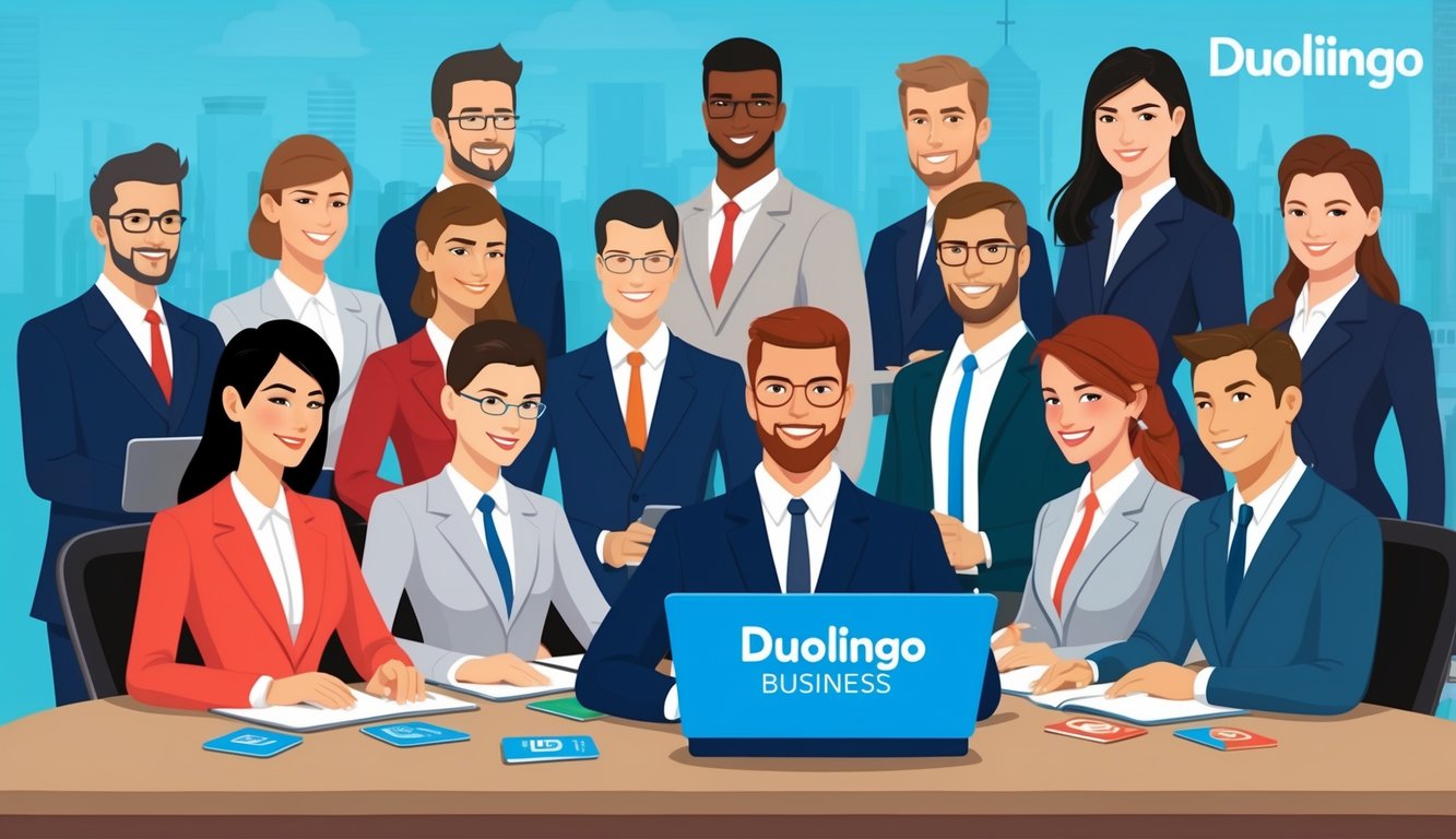 A group of international business professionals using Duolingo Business for English communication