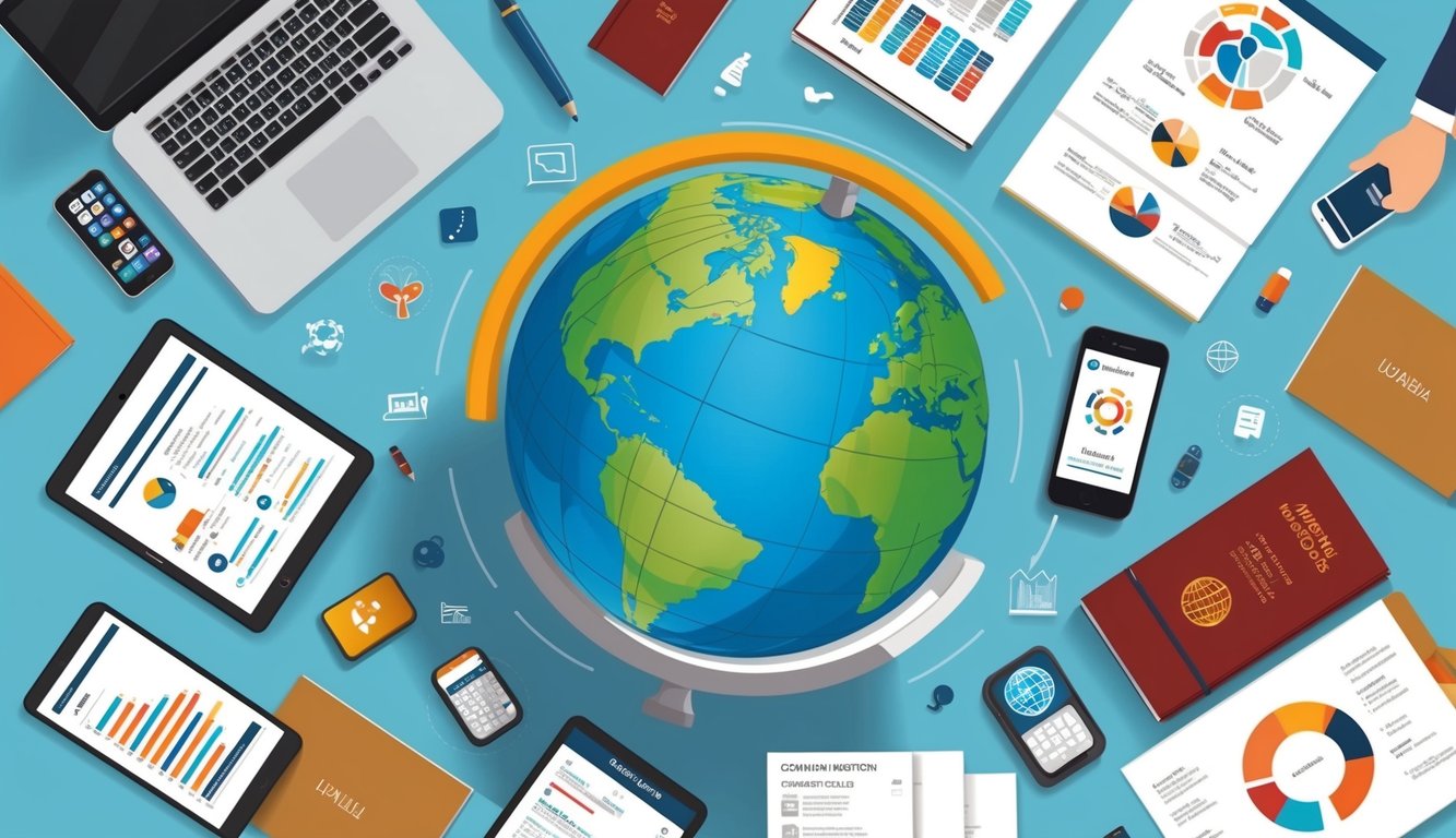 A globe surrounded by various communication tools: phone, laptop, translator app, language books, and international business documents