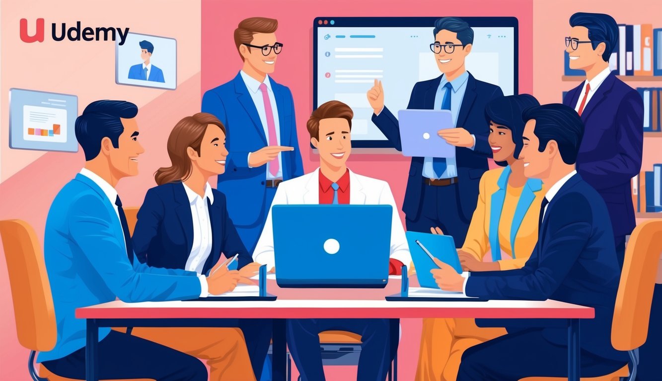 A group of managers in a virtual classroom, learning Business English through Udemy's top 5 online lessons