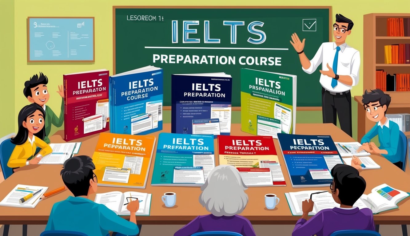 A classroom setting with six different IELTS preparation course materials displayed on a table, surrounded by eager students and a teacher ready to start the lesson