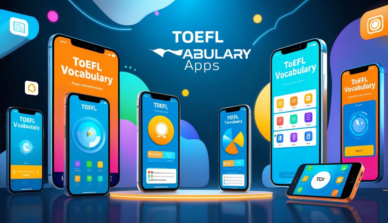 Various futuristic devices displaying TOEFL vocabulary apps in a sleek, high-tech setting. Bright colors and dynamic graphics draw the eye