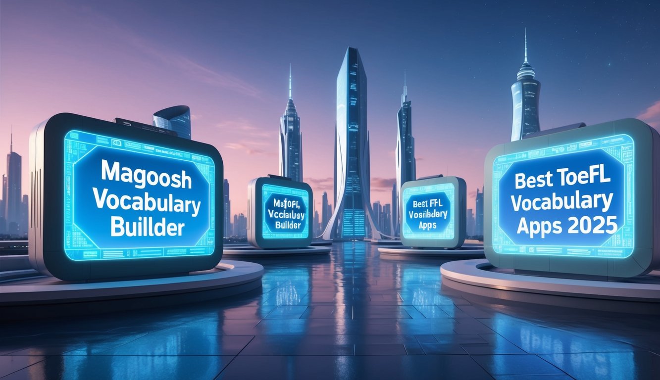 A futuristic cityscape with holographic billboards displaying "Magoosh Vocabulary Builder" and "Best TOEFL Vocabulary Apps for 2025"