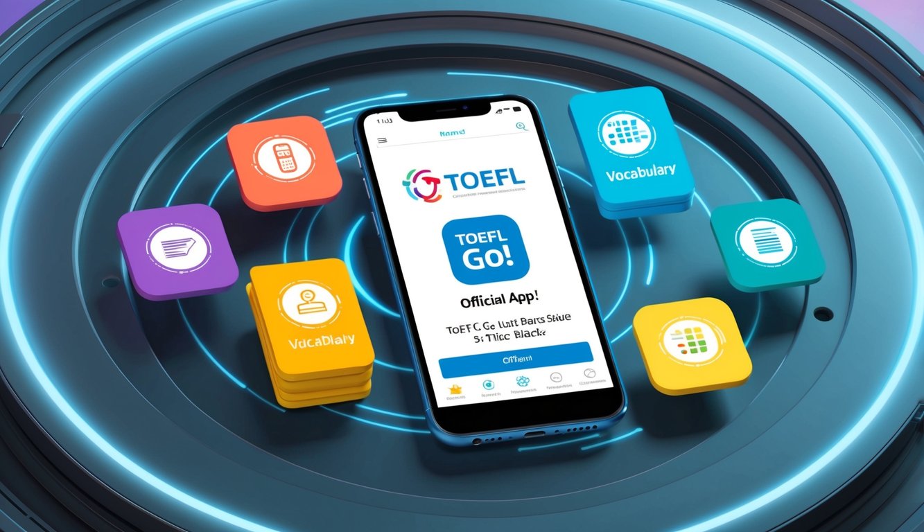 A smartphone displaying the TOEFL Go! Official App surrounded by six other vocabulary apps on a futuristic digital interface